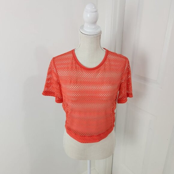 Lululemon Top Womens 8 Sunset Orange Sweat Your Heart Out Crop Mesh Netted - Picture 14 of 14